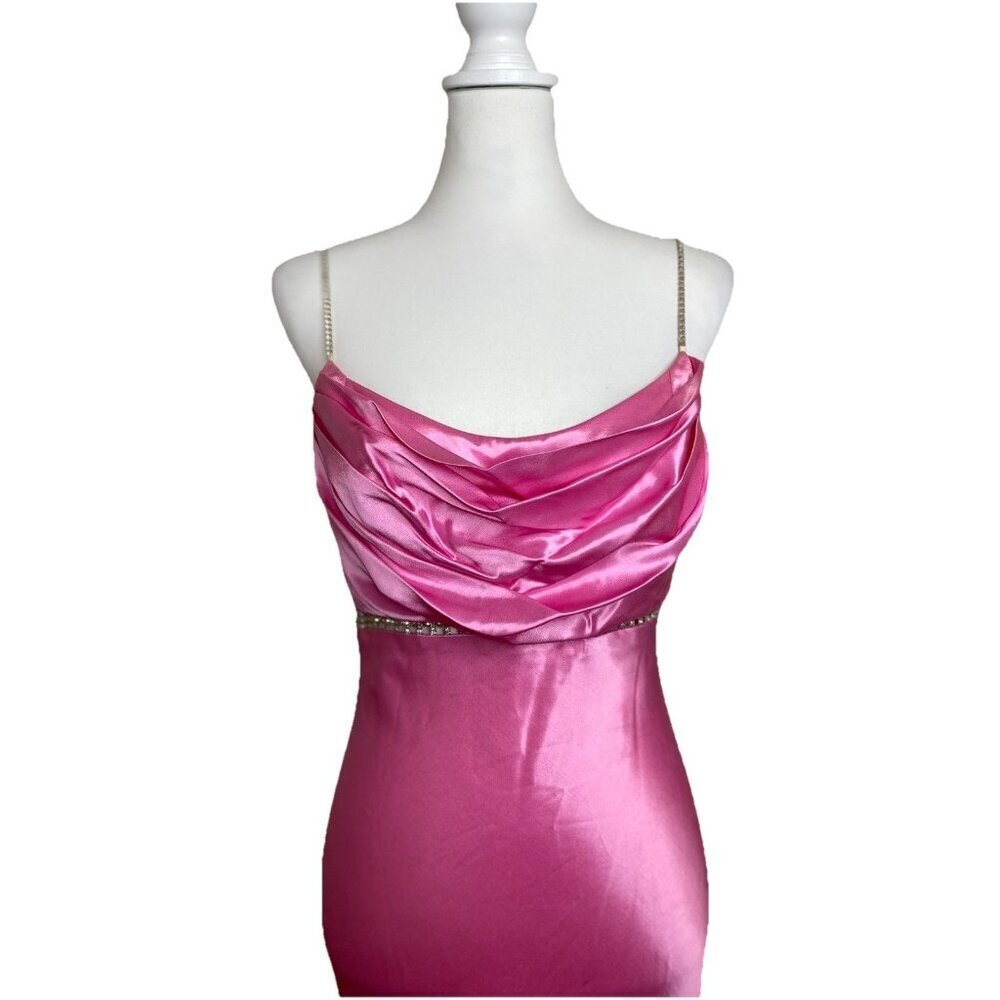 Vintage Cache Pink Y2K Satin Long Bias Cut Prom Slip Dress Gown Rhinestone Sz 6 - Picture 2 of 12